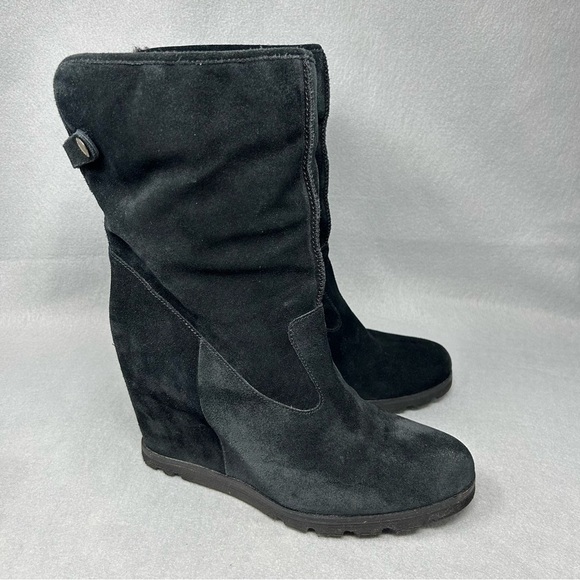 UGG Australia Kyra Genuine Shearling Wedge Heel Ankle Boots Black Suede Size 10 - Picture 2 of 11
